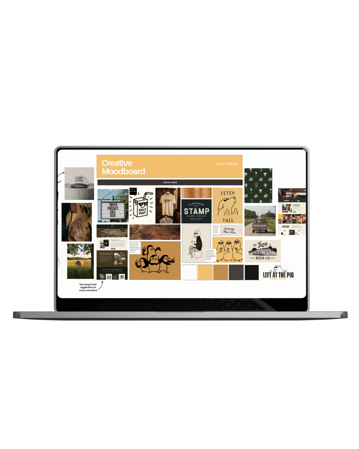 A laptop displaying a creative moodboard titled 'Creative Moodboard', featuring various design elements and inspirations.