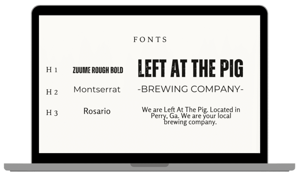 Fonts displayed for Left At The Pig branding.