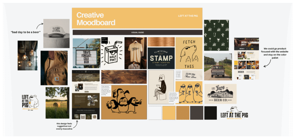 A moodboard featuring creative branding inspirations for Left at the Pig, highlighting various design elements and textures.