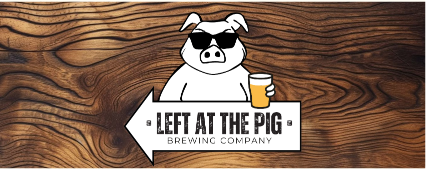 Left at the Pig Logo on a woodgrain backdrop, designed by Heart City Marketing