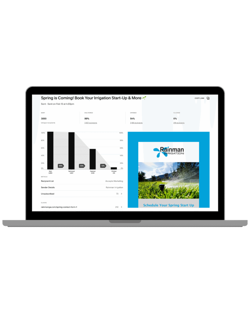 Laptop displaying an email campaign performance report with graphs and promotional images for irrigation services.