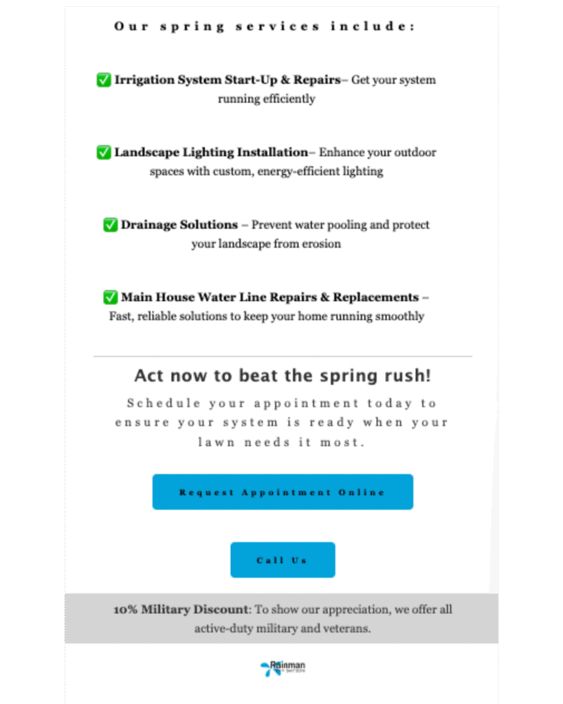 Spring service offerings list including irrigation, lighting, drainage, and water line repairs.