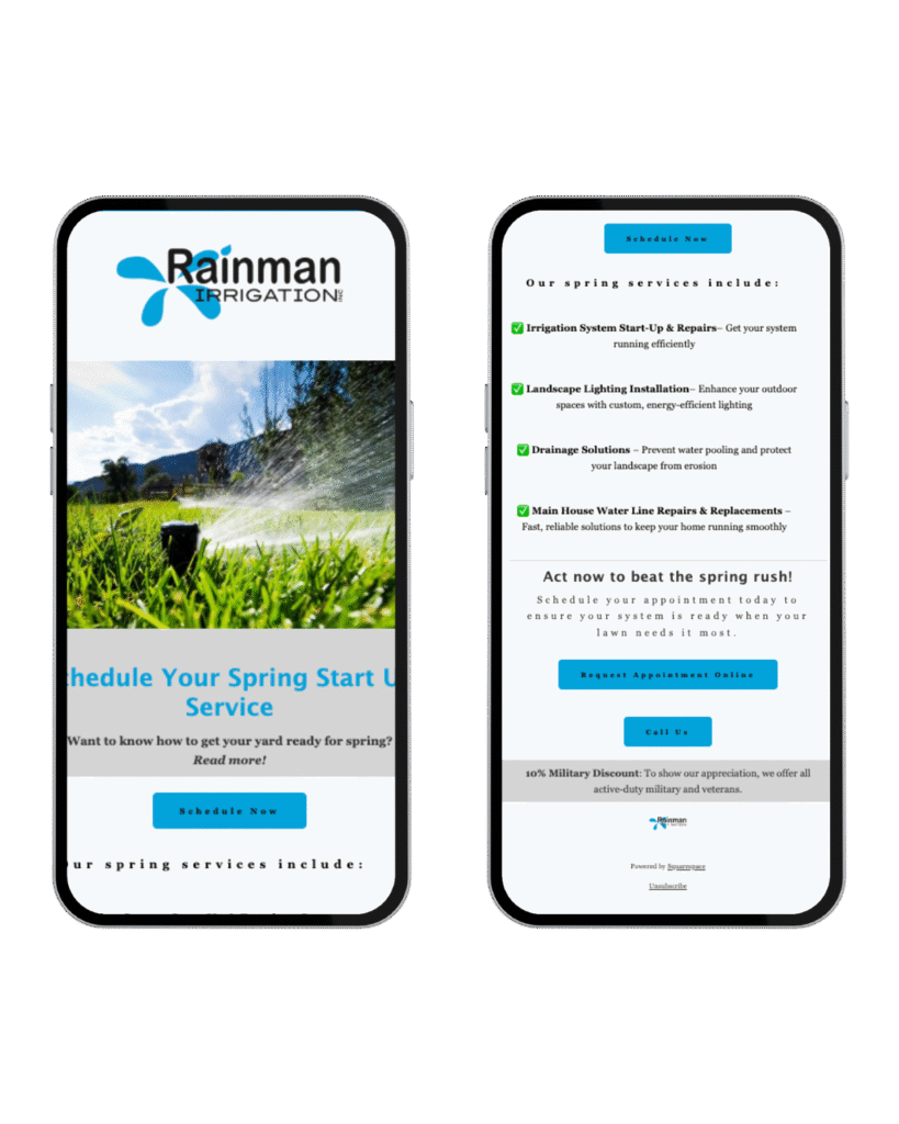 Two smartphones displaying the Rainman Irrigation spring services webpage, showcasing irrigation system startup, landscape lighting, drainage solutions, and more.
