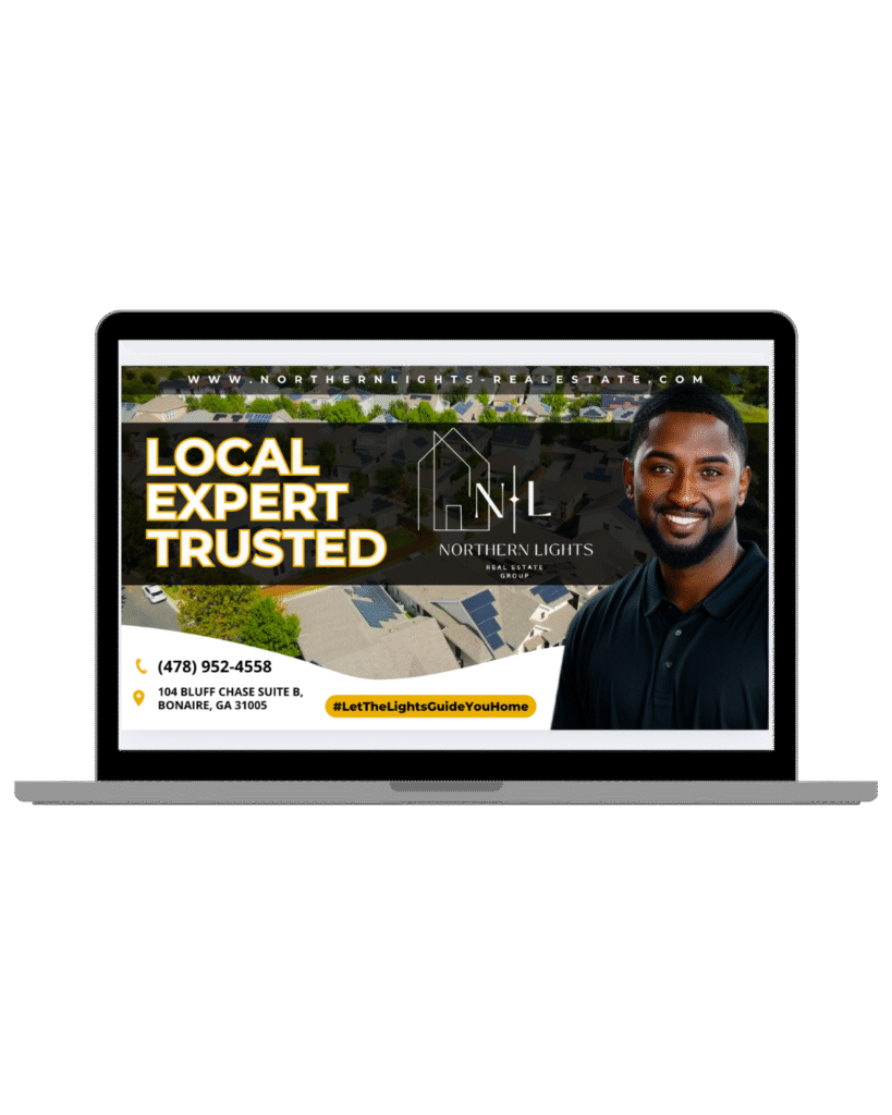 Promotional marketing display for Northern Lights Real Estate Group on a laptop, featuring contact information and branding.